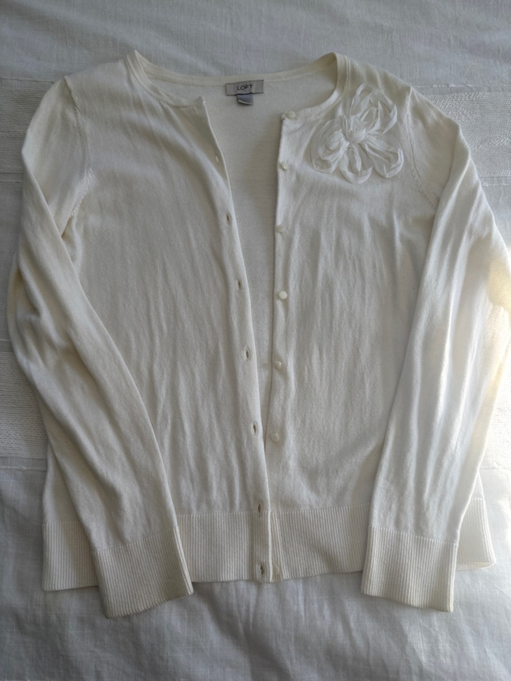 LOFT Cream Floral Applique Button-Front Cardigan